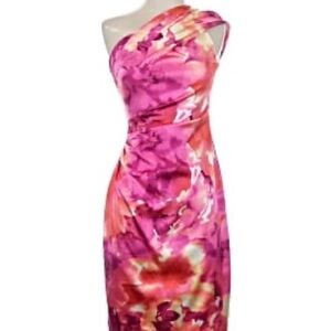 New David Meister One-Shoulder Pink Floral Satin Sheath Dress Size 10